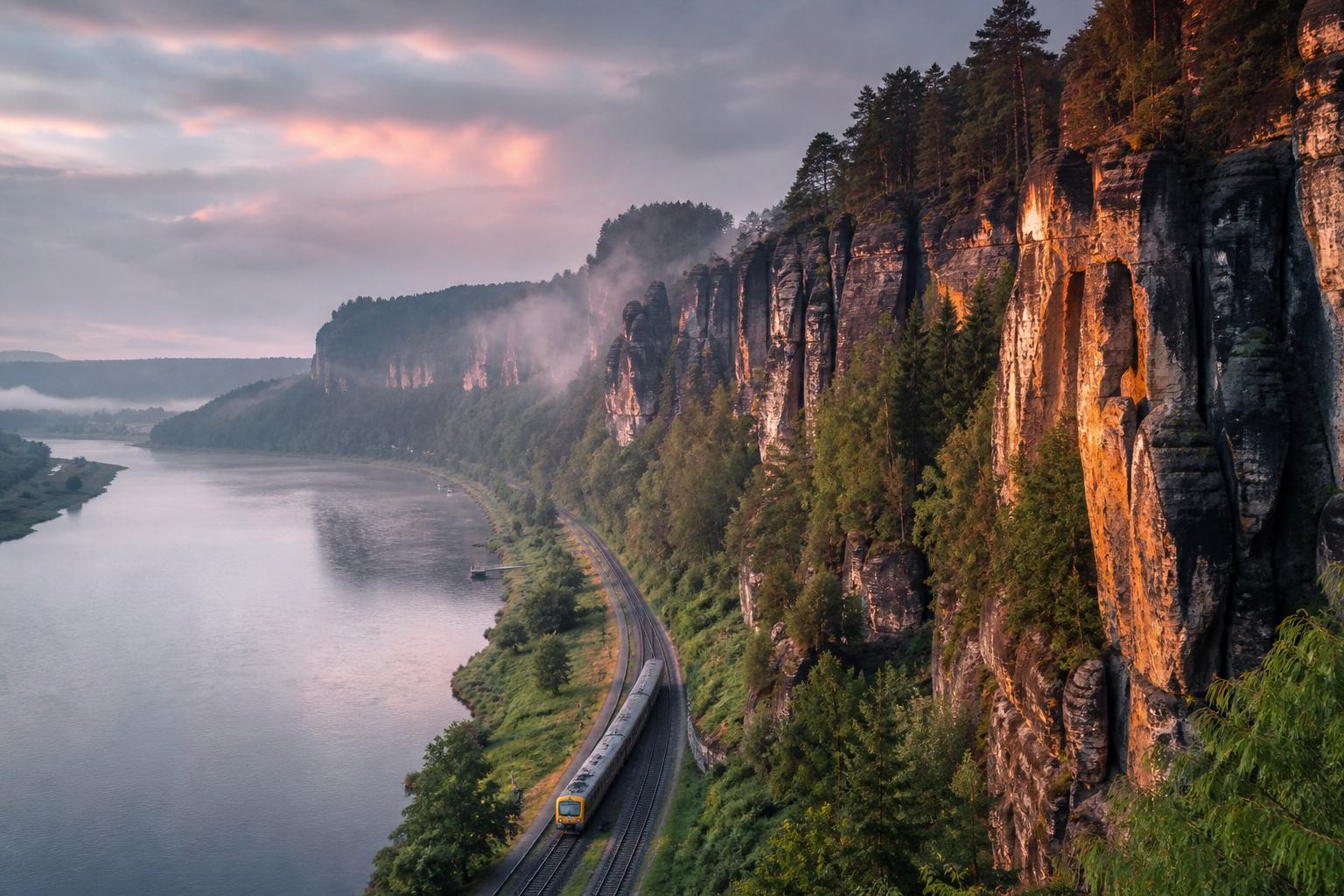 Morgennebel über Sandsteintürmen und der Elbe in der Sächsischen Schweiz