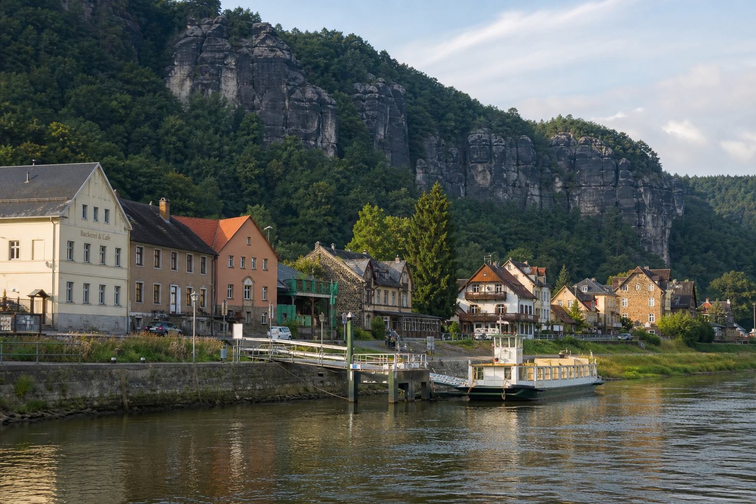 Kleiner Elbort mit Steinhäusern und Blick auf Sandsteinhänge